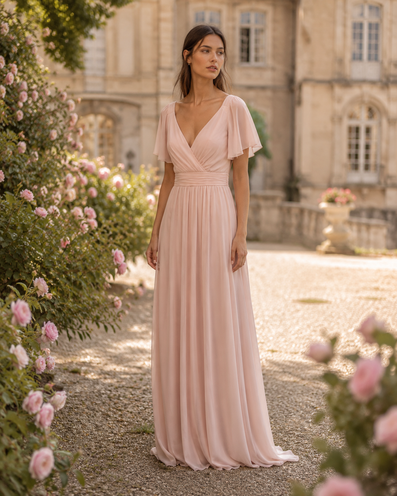 Robe Demoiselle d'Honneur Longue Mousseline Col V